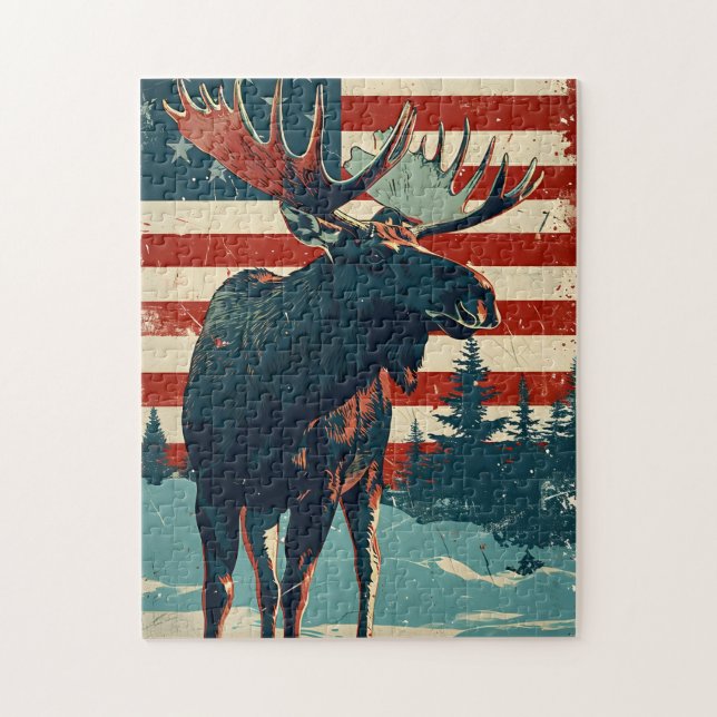 Quebra-cabeça Moose American Flag Vintage (Vertical)