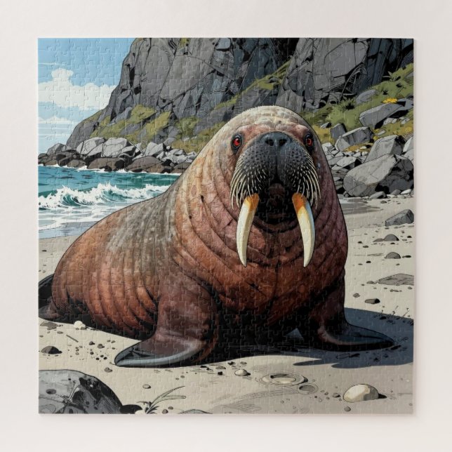 Quebra-cabeça Morsa Fofa em uma Praia Arenosa (Vertical)