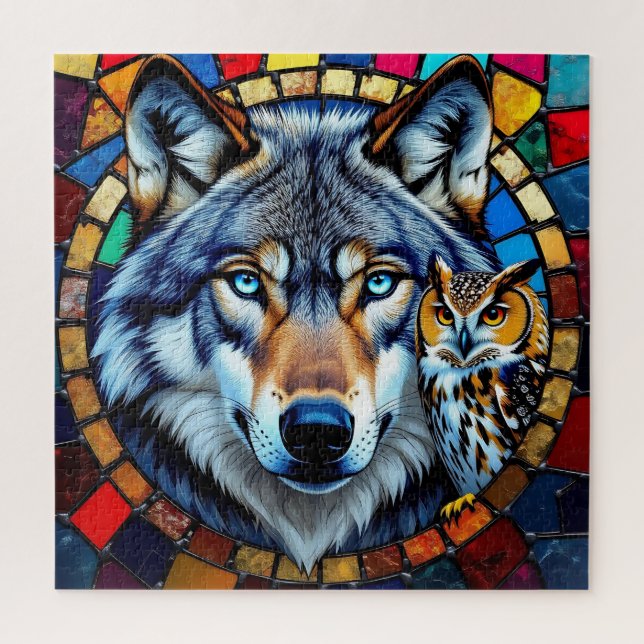 Quebra-cabeça Mosaic Style Owl and Wolf Wildlife Vibrant (Vertical)