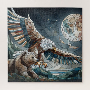 Quebra-cabeça Mosaico Ai Art   Urso castanho e Lua cheia de águi