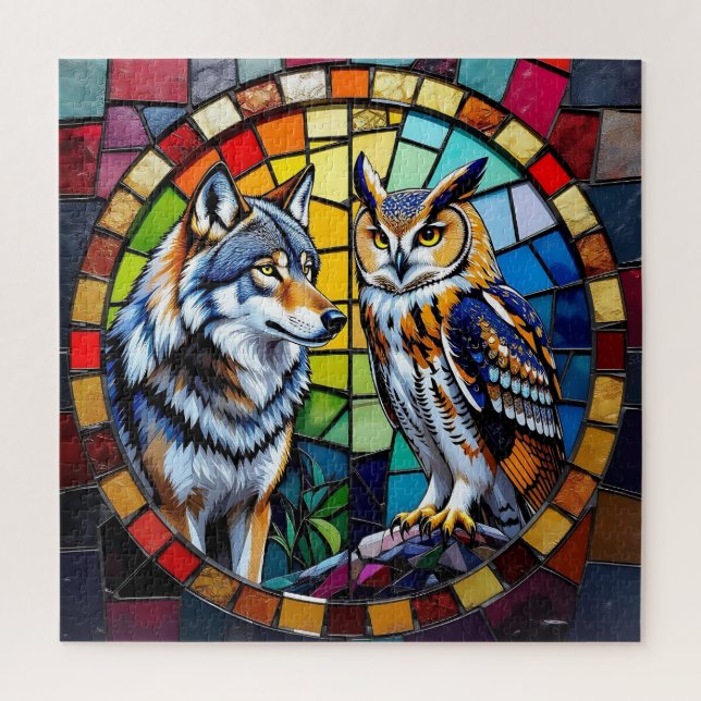 Quebra-cabeça Mosaico de Lobo e Coruja Arte Vibrante (Vertical)
