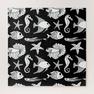 Quebra-cabeça Motif De Peixe: Padrão Branco Preto.