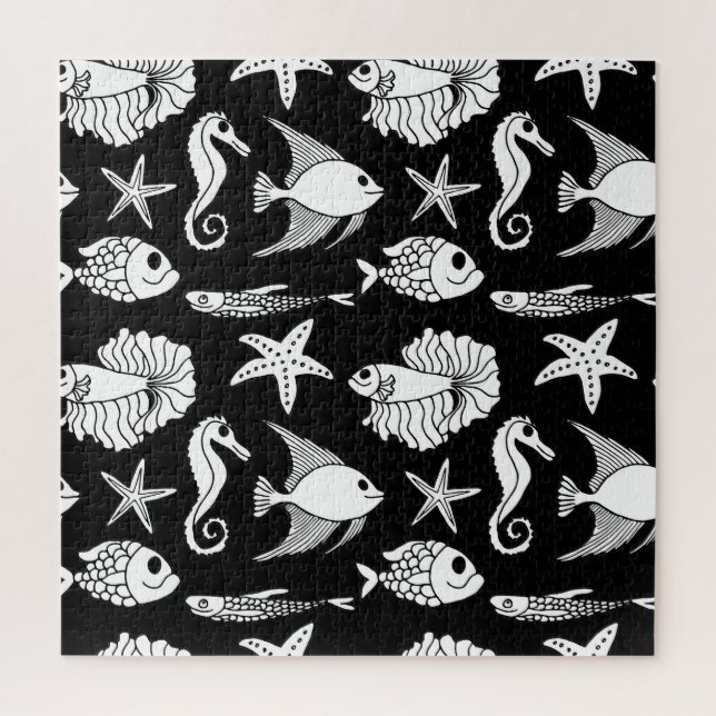 Quebra-cabeça Motif De Peixe: Padrão Branco Preto. (Vertical)