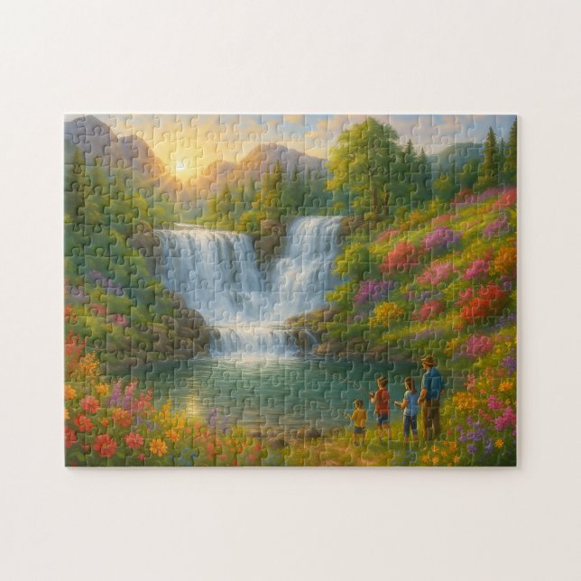 Quebra-cabeça Mountain Sunrise Waterfall Puzzle – Family Fishing (Horizontal)