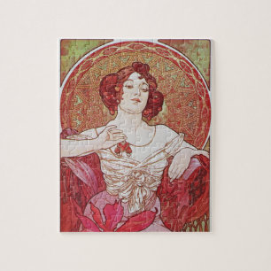 Quebra-cabeça Mucha Art Nouveau Vintage Vermelho Elegante Senho