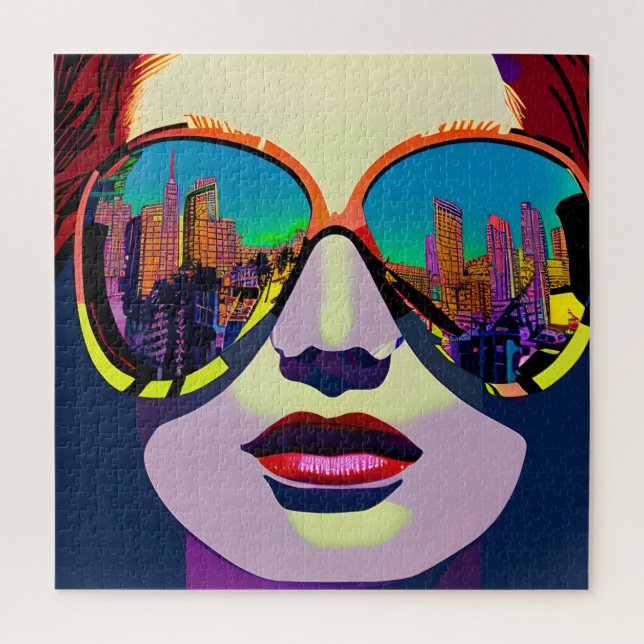 Quebra-cabeça Mulher Abstrata de Óculos de Sol com Reflexo da Ci (Vertical)