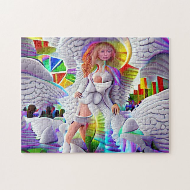 Quebra-cabeça Mulher Anjo Céu Cidade Psicodélica Brilhante  (Horizontal)