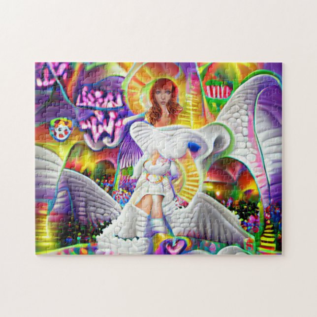 Quebra-cabeça Mulher Anjo Céu Cidade Psicodélica Brilhante (Horizontal)