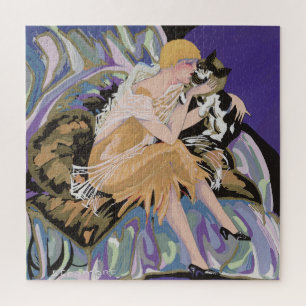 Quebra-cabeça Mulher Art Déco Vintage com Gato por S. Chompre