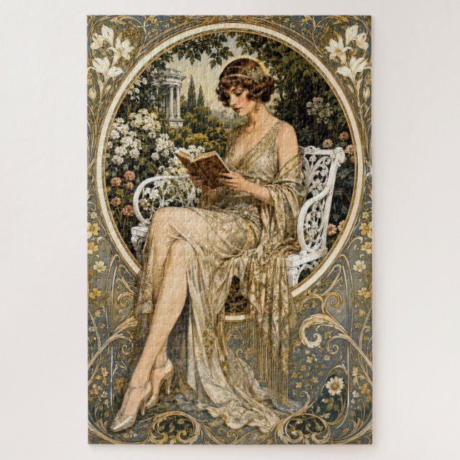 Quebra-cabeça Mulher Art Nouveau lendo no jardim (Vertical)