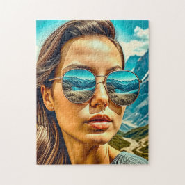 Quebra-cabeça Mulher Bonita de Óculos de Sol Reflexo da Montanha