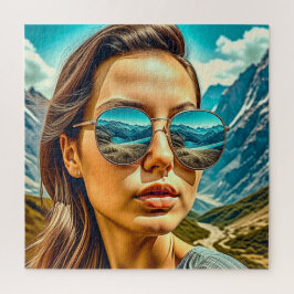 Quebra-cabeça Mulher Bonita de Óculos de Sol Reflexo da Montanha