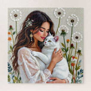 Quebra-cabeça Mulher Bonita, Gato e Dandelions
