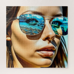 Quebra-cabeça Mulher bonito com Reflexão de Óculos de Sol de Pra