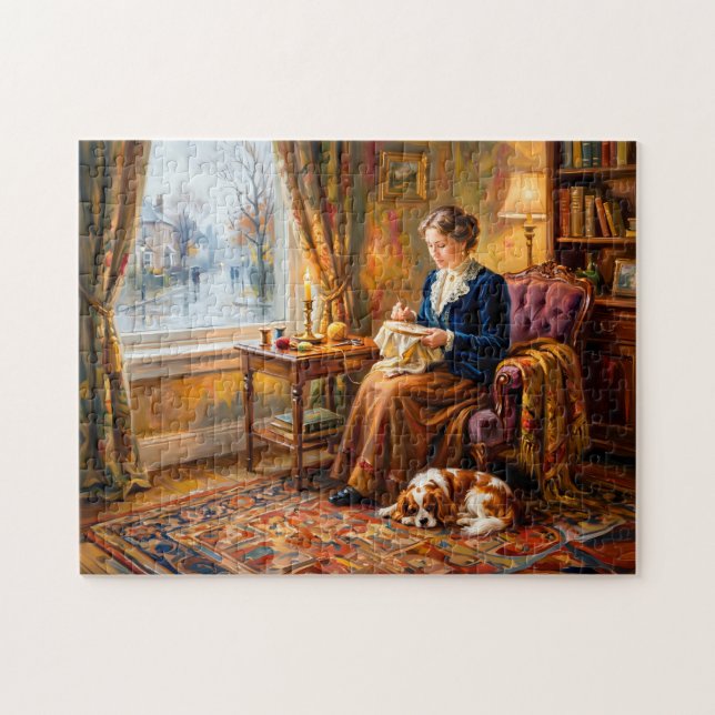 Quebra-cabeça Mulher Bordando junto à Janela com Cavalier Spanie (Horizontal)