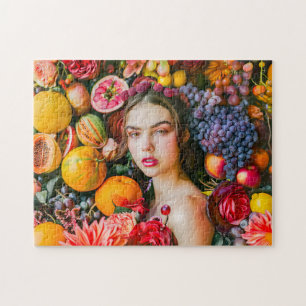 Quebra-cabeça Mulher com frutas cítricas e grinalda de flores