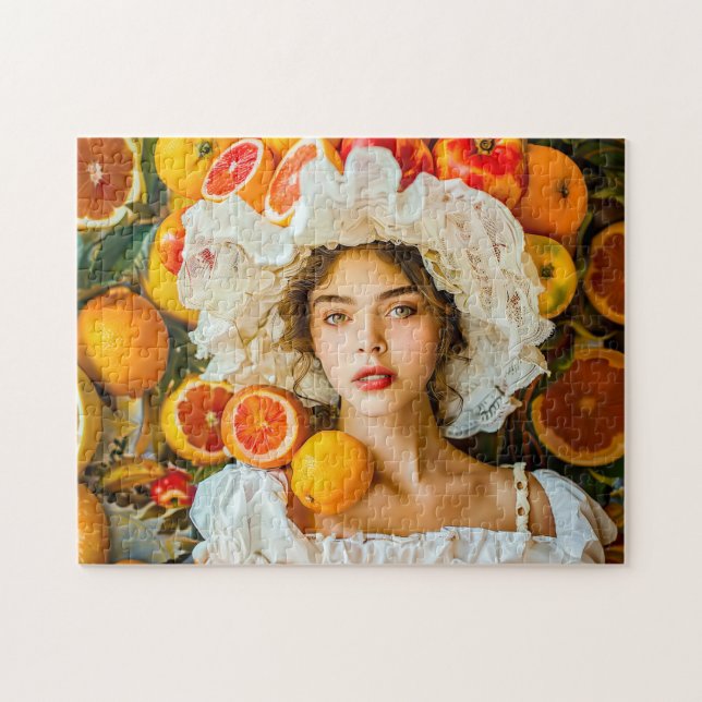 Quebra-cabeça Mulher com frutas cítricas e grinalda de flores (Horizontal)