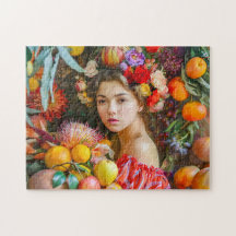 Mulher com frutas sortidas e decoração floral
