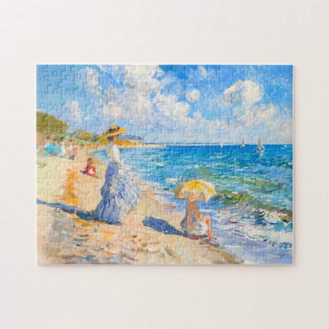 Quebra-cabeça Mulher com Guarda-Sol na Praia Impressionismo (Horizontal)