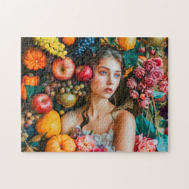 Quebra-cabeça Mulher com uvas e arranjo floral (Horizontal)