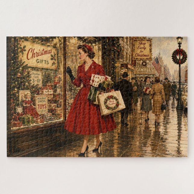 Quebra-cabeça Mulher de 1950 fazendo compras de Natal (Horizontal)