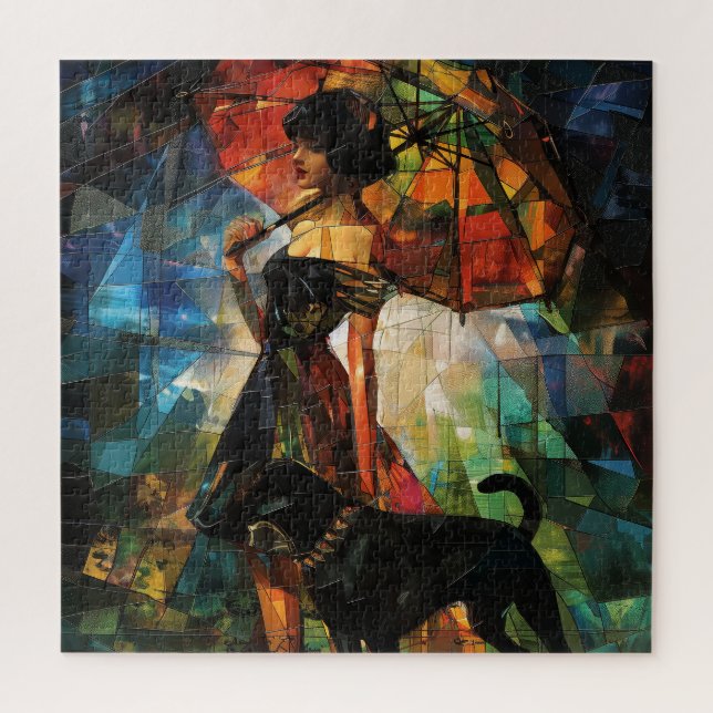 Quebra-cabeça Mulher de Guarda-Chuva com Cachorro (Vertical)