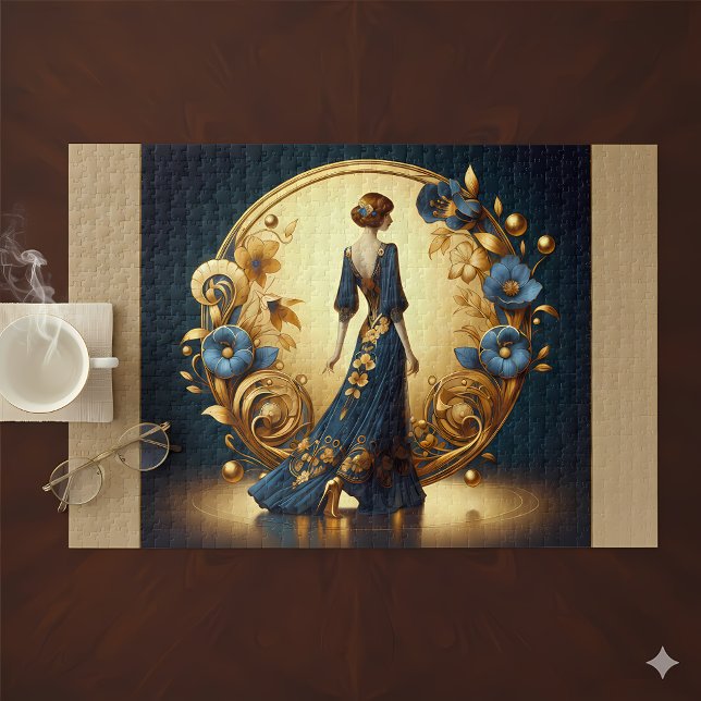Quebra-cabeça Mulher Deco Elegante em Dourado e Azul (Elegant Art Deco Woman in Gold and Blue Jigsaw Puzzle Mockup A)