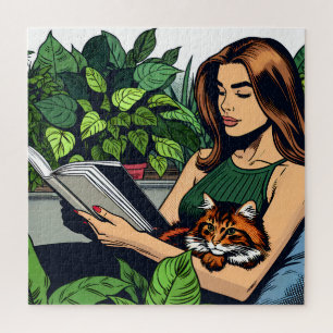 Quebra-cabeça Mulher do Estilo de Cômica, Gato e Livro