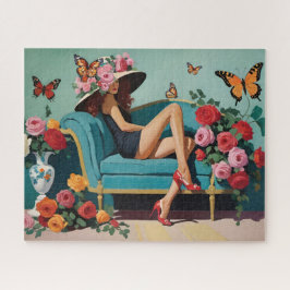 Quebra-cabeça Mulher em calcanhares curtos e chapéu de flor gran