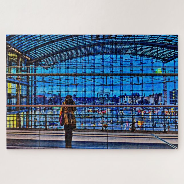 Quebra-cabeça Mulher esperando um trem na hora azul (Horizontal)