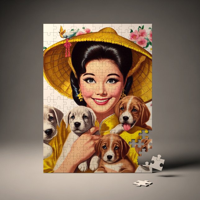 Quebra-cabeça Mulher Japonesa Vintage e Cachorrinhos (Criador carregado)
