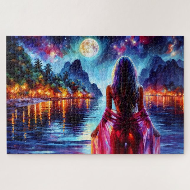 Quebra-cabeça Mulher mística sob reflexos da lua cheia arte (Horizontal)