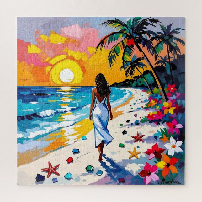 Quebra-cabeça Mulher na Cena Tropical da Praia (Vertical)