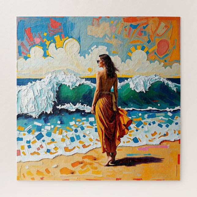 Quebra-cabeça Mulher na Praia Arte Abstrata à Beira-Mar (Vertical)