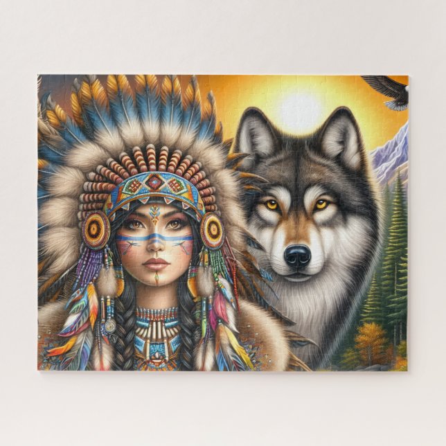 Quebra-cabeça Mulher Nativa Americana Com Lobo (Horizontal)
