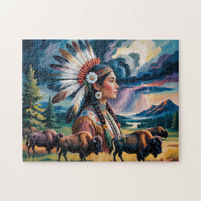 Quebra-cabeça Mulher Nativa Com Bisonte (Horizontal)