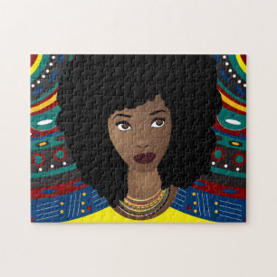 Quebra-cabeça Mulher Negra, Cabelo Natural, Fundo Tribal
