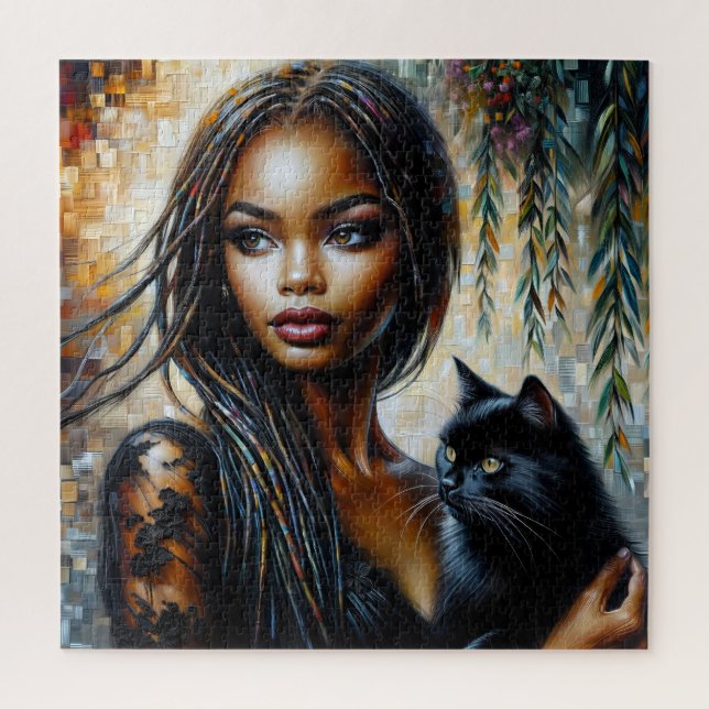 Quebra-cabeça Mulher Negra Com Arte Negra De Gato (Vertical)
