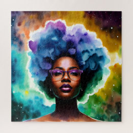 Quebra-cabeça Mulher Negra Com Cabelo Afro Em Óculos Arte Galáxi