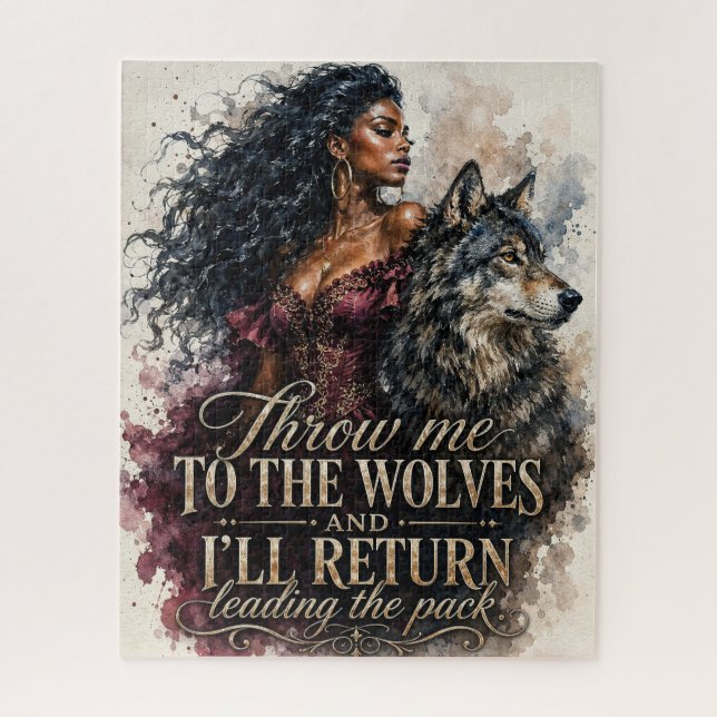 Quebra-cabeça Mulher Negra Com Citação Jogue-Me aos Lobos (Vertical)