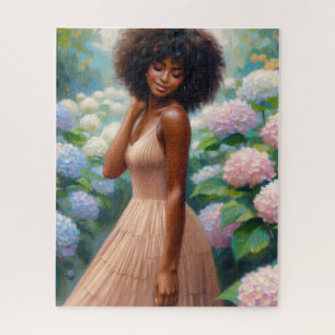 Quebra-cabeça Mulher Negra Entre Flores de Hortênsia