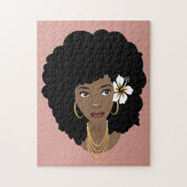 Quebra-cabeça Mulher Negra, Flor no Cabelo, Escova Rosa