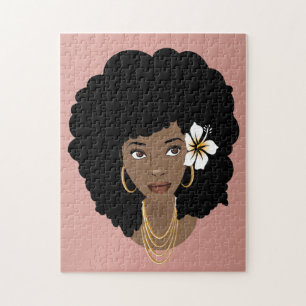 Quebra-cabeça Mulher Negra, Flor no Cabelo, Escova Rosa