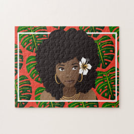 Quebra-cabeça Mulher Negra, Flor no Cabelo, Folhas Tropicais, Ve