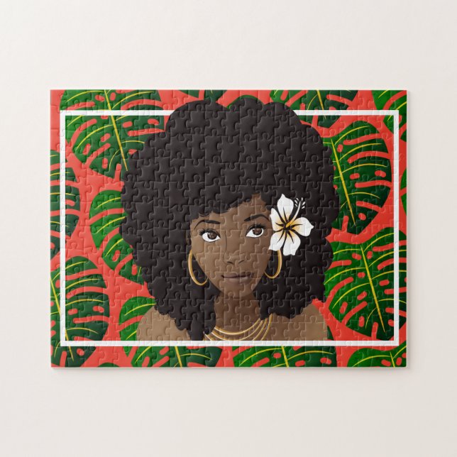 Quebra-cabeça Mulher Negra, Flor no Cabelo, Folhas Tropicais, Ve (Horizontal)