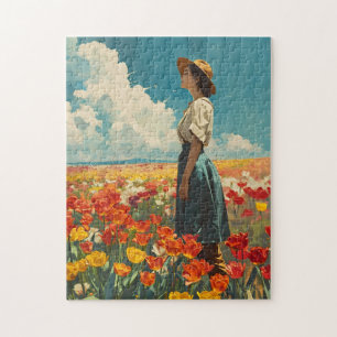 Quebra-cabeça Mulher no Colorful Tulip Field Vintage
