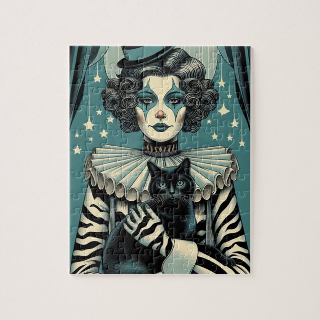 Quebra-cabeça Mulher Palhaço de Circo e um gato preto (Vertical)