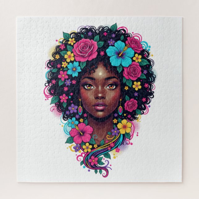Quebra-cabeça Mulher Preta Profunda Com Afro Adornado Com Flor B (Vertical)