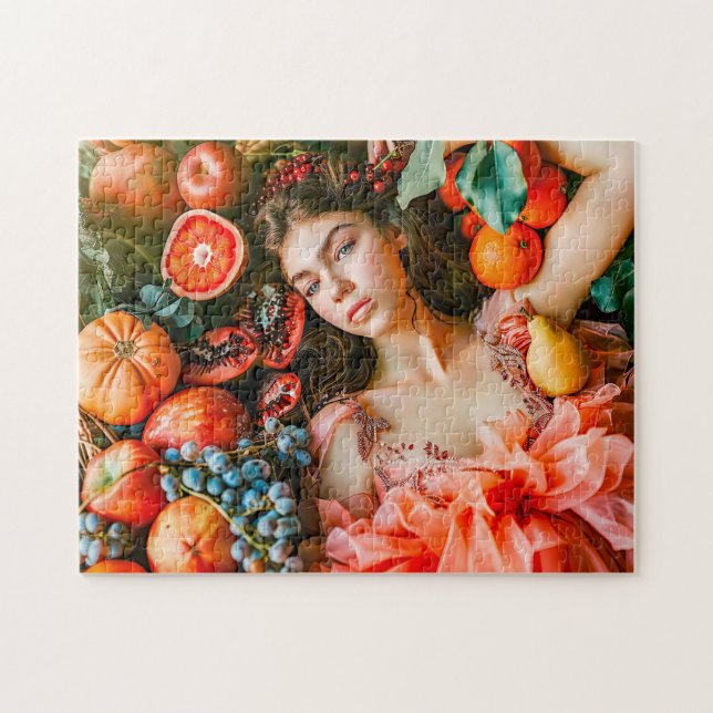 Quebra-cabeça Mulher reclinada entre frutas e pétalas (Horizontal)