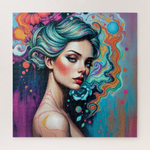 Quebra-cabeça Mulher Retrartista Psicodélica Vibrante